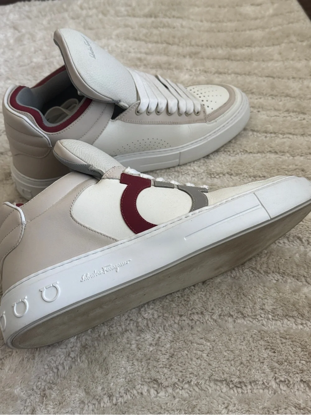 Salvatore Ferragamo White, Beige & Red Men's Sneakers